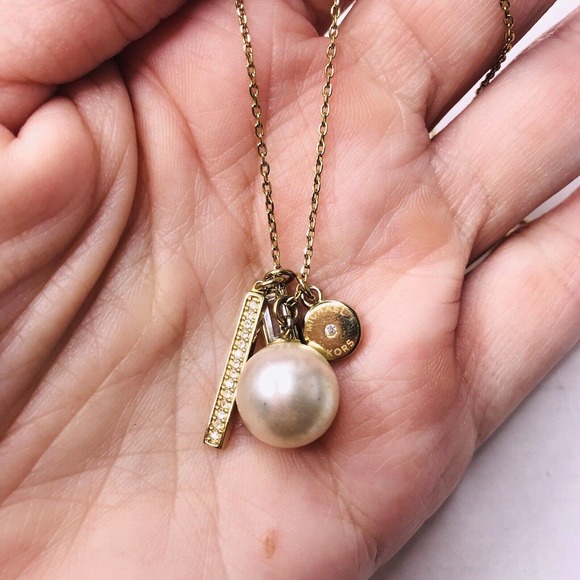 Michael Kors Gold Tone Necklace Rhinestone Pearl Dangle Charms Signed - Picture 1 of 9